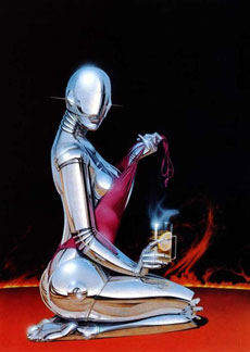 Robot sexy, de Hajime Sorayama, 1983. Un típico ejemplo de aerógrafo analógico.