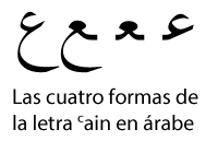 Variantes posicionales del caracter para el fonema ayn en árabe.