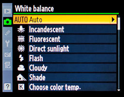 Opciones de medida del blanco en una cámara digital.