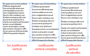 Tres bloques de texto: Uno si justificación vertical, otro con y otro con justificación vertical parcial.