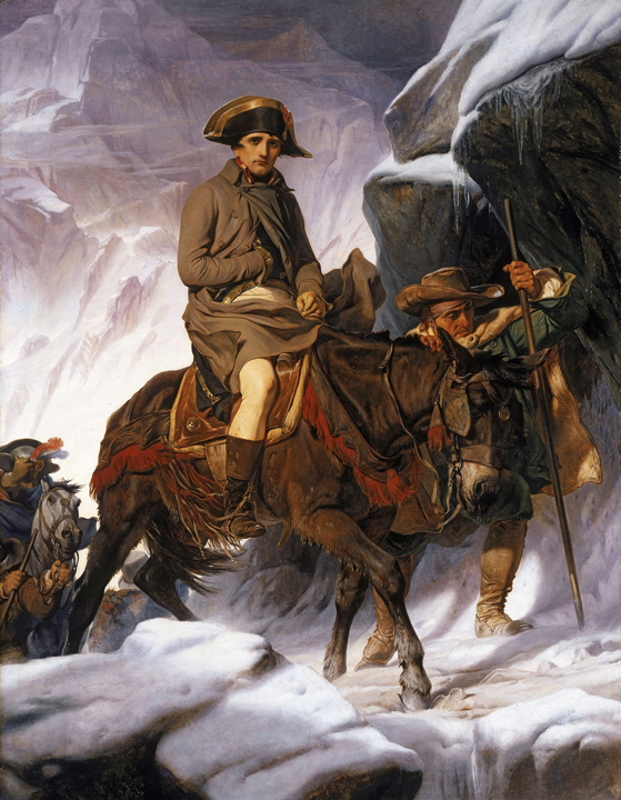 Bonaparte atravesando los Alpes, pintura realista de P. Delaroche.