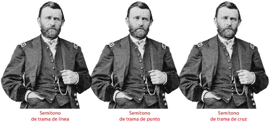 La misma imagen con tres tramas de semitono distintas.