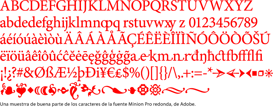 Una muestra de caracteres de la fuente Minion Pro redonda.