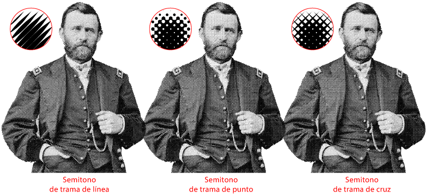 La misma imagen con tres tramas de semitono distintas en 45º.